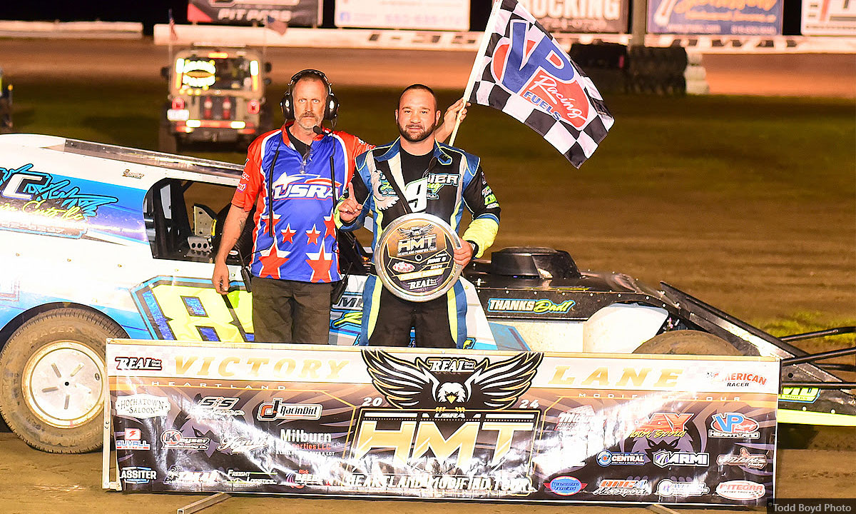 Tyler Hibner won the USRA Modified main event during the Summit USRA Weekly Racing Series featuring the USRA Heartland Modified Tour presented by Real Racing Wheels at the I-35 Speedway in Winston, Mo., on Saturday, June 8, 2024.